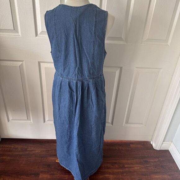 Jane Ashley Vintage Denim Maxi Dress Med Embroidered Snowmen Pockets Y2K Blue - Picture 6 of 12